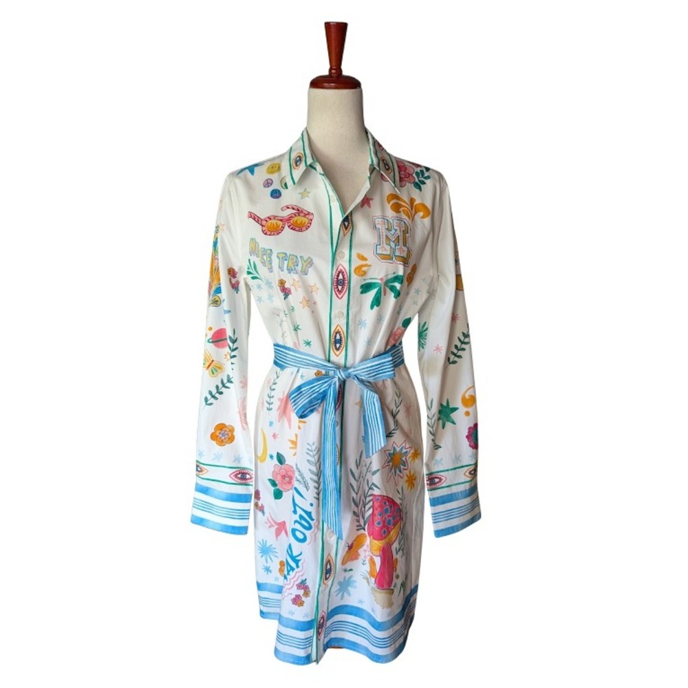 MOTHER The Frenchie Mini Dress Freak‎ Out Doodle Print Organic Cotton White NEW